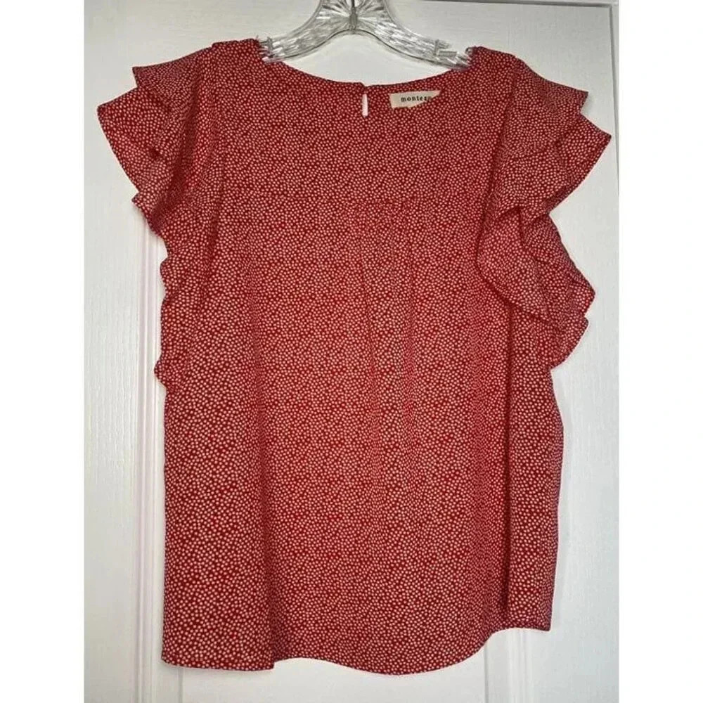 Monteau Los Angeles Red White Polka Dot Flutter Sleeve Blouse Small